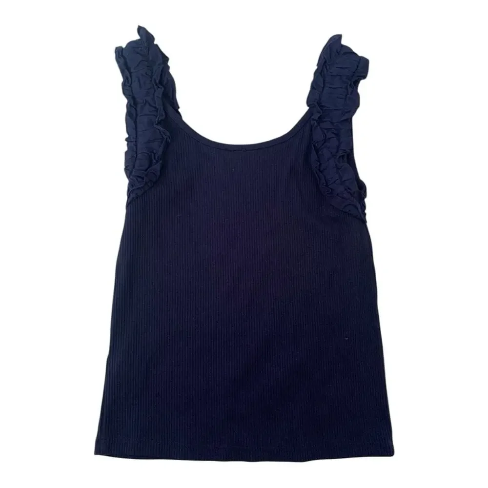 J.Crew size small navy Blue Ribbed tank ruffle Shirt preppy lilly cute summer